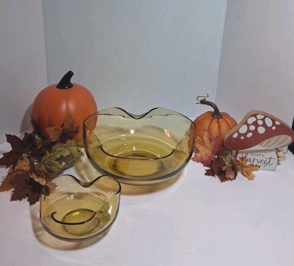 Vintage Amber Glass Chip & Dip Bowl Set 2 Pc Golden Honey Crimped Ruffled Rim